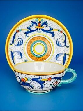 Deruta Italy Ricco Hand-Painted Ceramic Flat Cup & Saucer Multicolored 6 oz